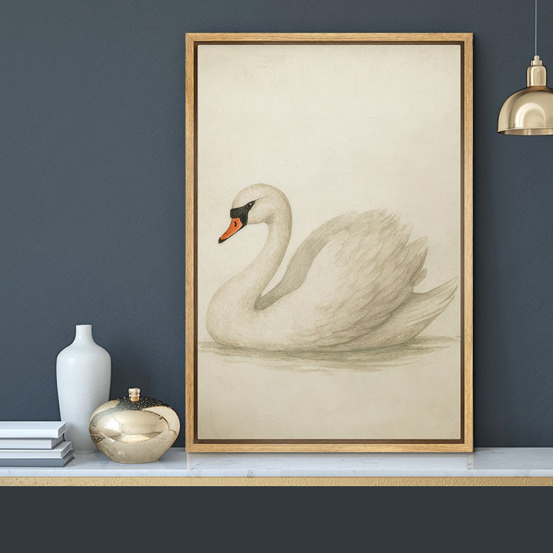 Élégant cygne blanc sur fond neutre doux - reproduction d'art sur toile encadrée, H 36 po x l 24 po x P 1,5 po