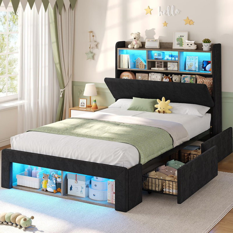 Twin Size Black Upholstered Bed Frame with RGB LED Lights & Charging Station, Storage Headboard with 5 Open Shelves & Hidden Storage, 4 Side Drawers & 2 Footboard Cubbies, No Box Spring Needed