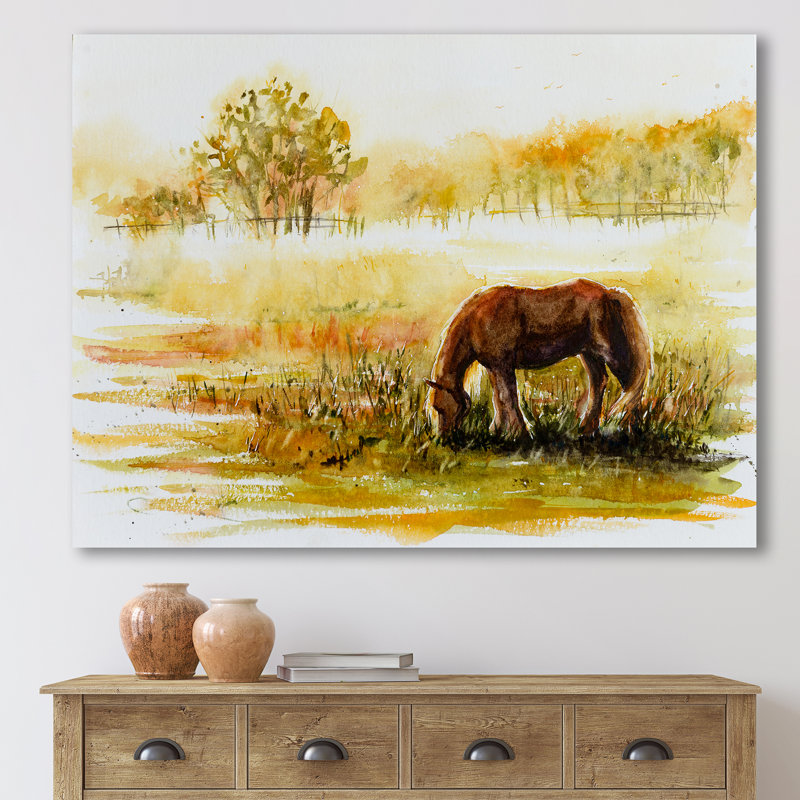 Cheval broutant sur un pré - Peinture sur toile, H 16 po x l 32 po x p 1 po, Toile tendue
