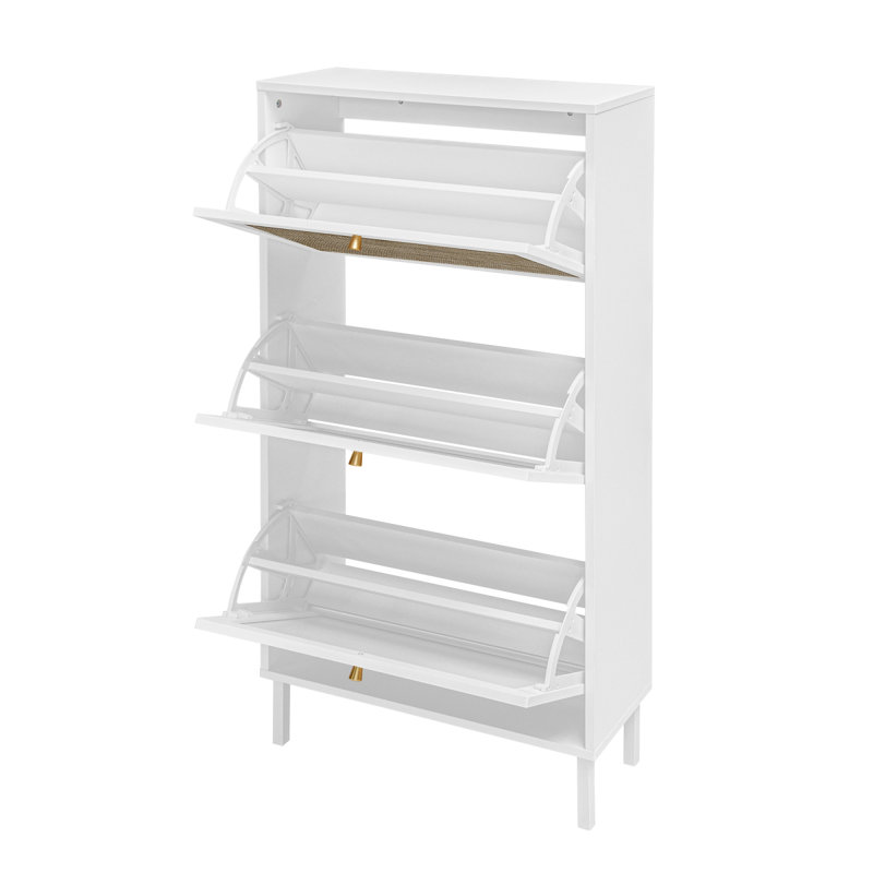 Rattan 3 Door Shoe Rack, Freestanding Modern Shoe Storage Cabinet, For Entryway, White