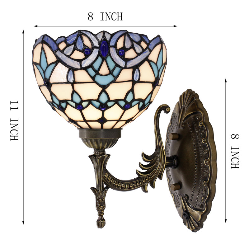 Tiffany Wall Sconce Lamp White Blue Baroque Style Stained Glass 8X10.5X11 Inch Plug in Wall Bedside Light for Hallway Bedroom