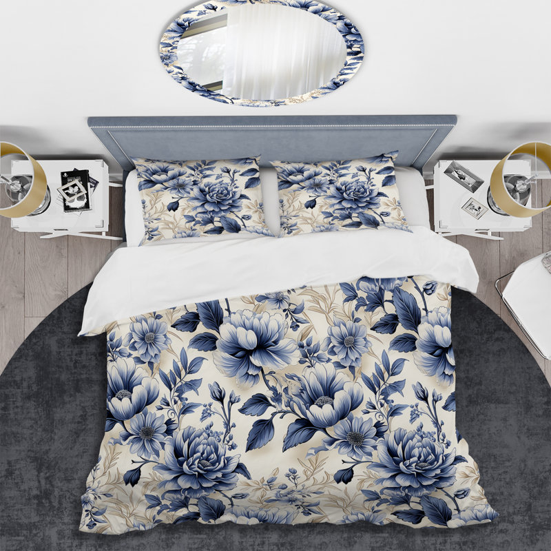 Literie de style victorien rococo bleu cobalt II, Housse de couette pour grand lit et 2 taies décor