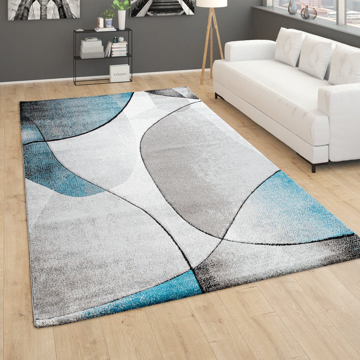 teppich wohnzimmer kurzflor 3d effekt abstraktes muster geometrisch grau  türkis