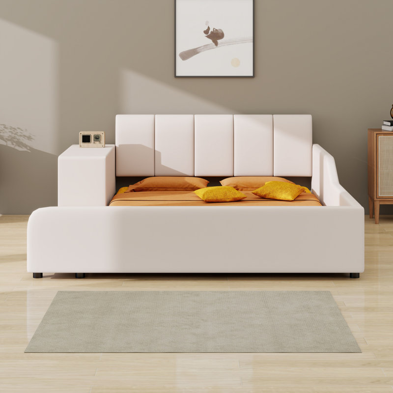 Lit tapissier à la terre, lit mère et enfant avec bureau de chevet et petit tabouret rond, Beige