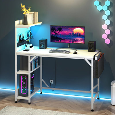 Reversible 110Cm W Computer Desk,Home Office Desk Gaming Table With Storage Shelf&LED Lights