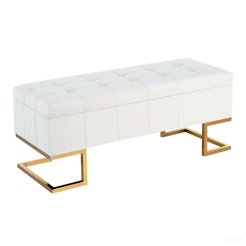 Banc de rangement contemporain en acier doré et velours blanc