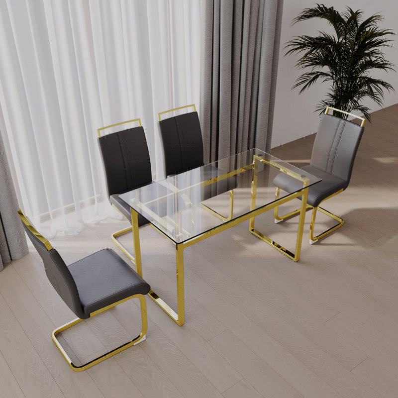 Ensemble de salle à manger moderne 4 pièces: table en verre trempé de 51 po (pieds dorés) et 4 chaises sans accoudoirs en polyuréthane