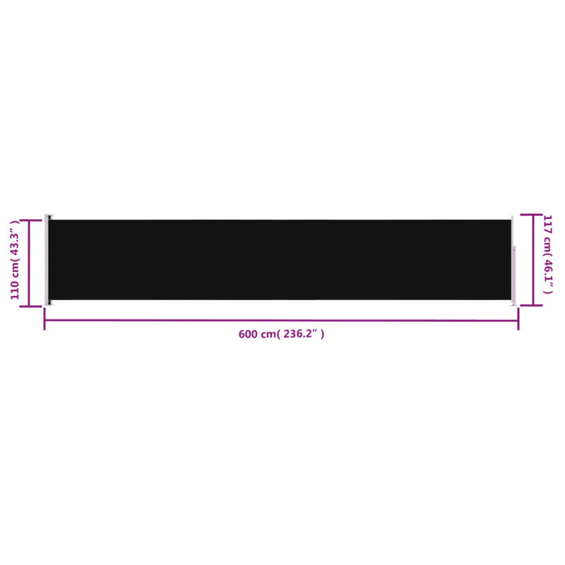 Dakota Fields 600cm W x 117cm D Fabric Cover Retractable Side Awning, Black