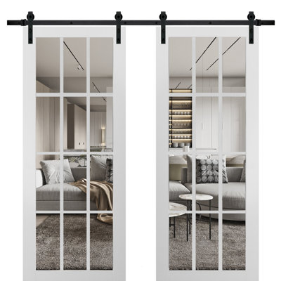 Sturdy Double Barn Door with Clear Glass 12 lites Felicia 3355 Matte White 13FT Rail Hangers Heavy Set Solid Panel Interior Doors-64" x 80" (2* 32x80)-Black Rail