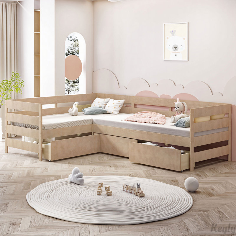 L-shaped Platform Bed with Three Storage Drawers, Natural