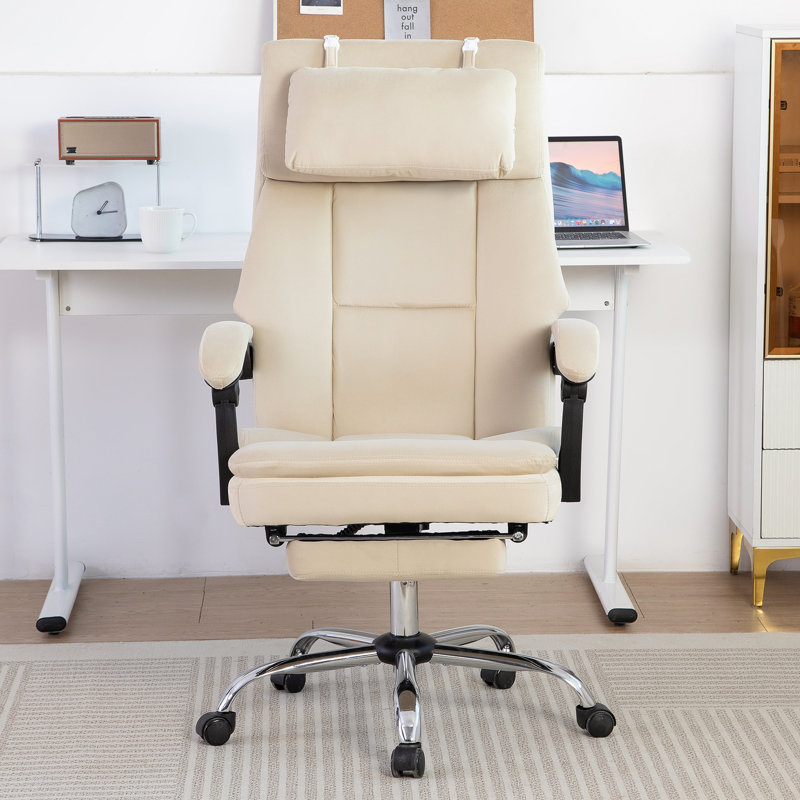 Chaise de bureau moderne en velours beige, avec support lombaire et grand siège à hauteur réglable, ergonomique et confortable