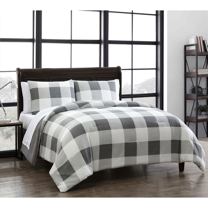 Ensemble d'édredon réversible tissu écossais Buffalo, Gris, Édredon de très grande taille et 6 pièces suppl