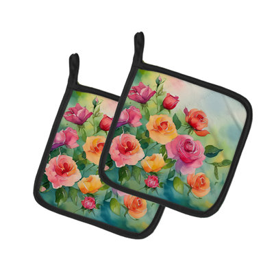Roses dans une paire d'aquarelles porte-casseroles