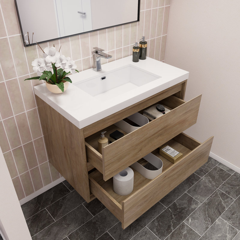 Wittig 36" Wall-Mounted Single Bathroom Vanity Set, White Oak