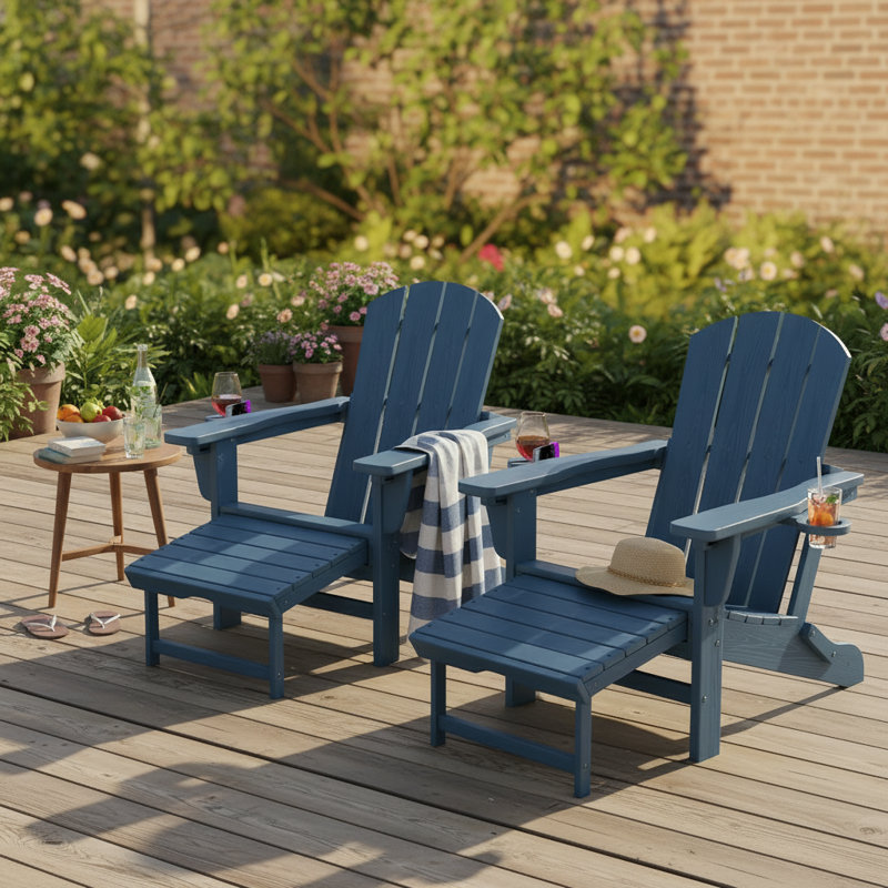 Blue HDPE Folding Adirondack Chair With Adjustable Backrest, Extendable Footstool And Cup Holder. Patio/Terrace Lounge Chair.
