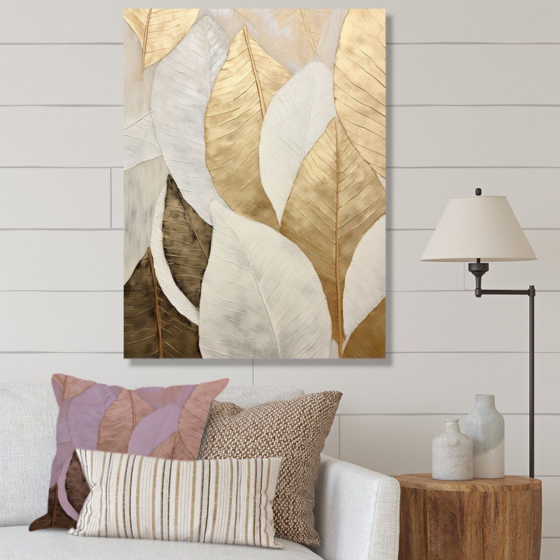 «Gold Minimalisme Leaves Collage III - Leaves», reproduction d'art sur toile encadrée, 32" H x 16" W, Toile tendue