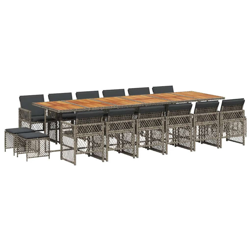 Patio Dining Set Table,, 17 Pieces: Table, 4 Stools, 12 Chairs, 73cm H x 330cm W x 106cm D, Grey Cushion/Grey Frame