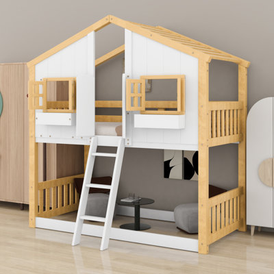 Lit superposé House avec toit, fenêtre, porte et barrières de sécurité