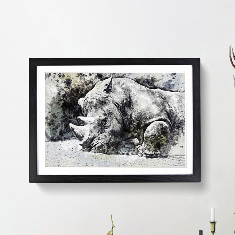 Resting Rhino in Abstract - Picture Frame Painting Print, Black Framed, 27cm H x 36cm W x 2cm D