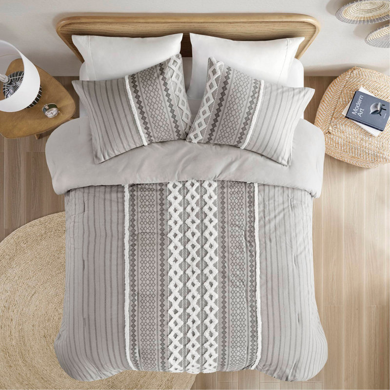 Ensemble d'édredon en coton avec chenille, Gris, Édredon double / grand et 2 pièces supplémentai