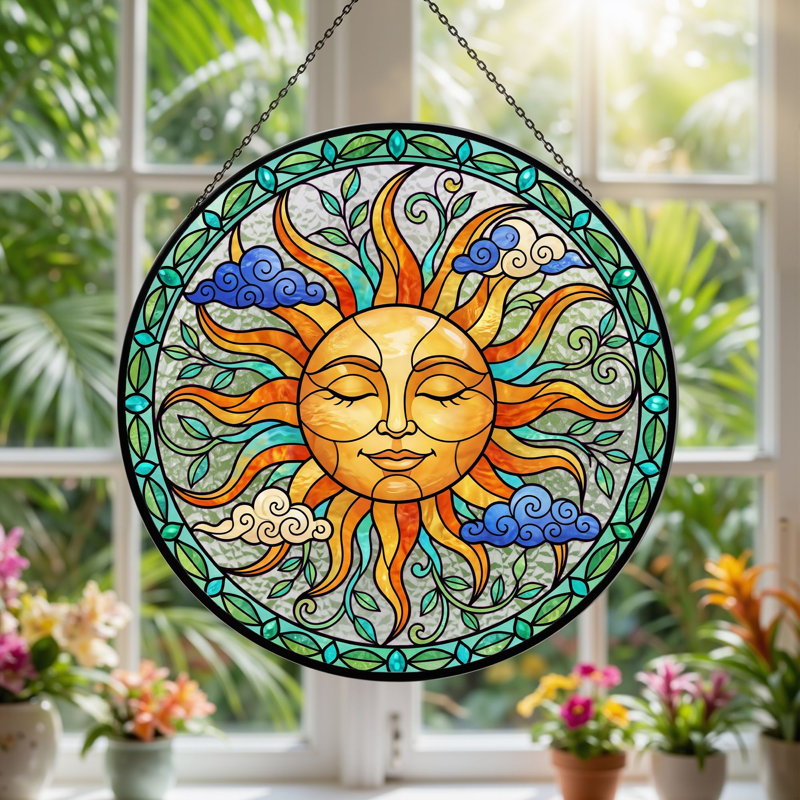 Panneau de vitrail Sun Face H 12 po, H 12 po