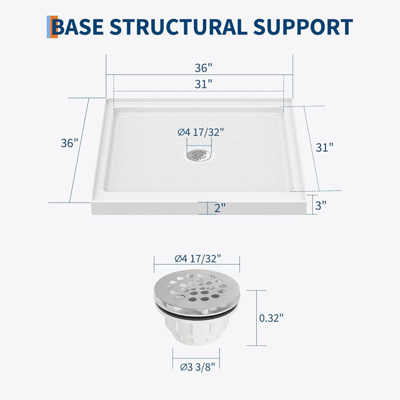 Left Drain Shower Pan - Single Threshold Base, Non-Slip Textured Surface, Lightweight ABS Shower Base, Easy Install Includes Drain Kit