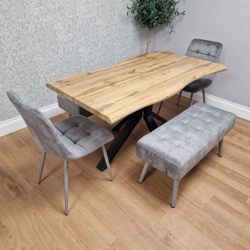 Wooden Brown Dining Table with 2 Velvet Chairs and 2 Grey Padded Benches, Dining Room Furniture, 75cm H x 117cm W x 77cm D