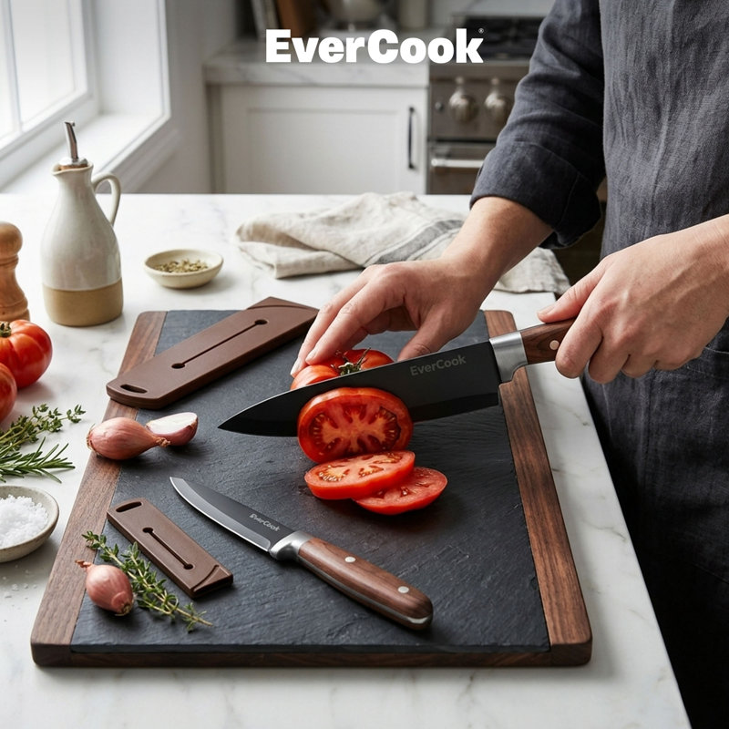 Ensemble de couteaux de cuisine 4 pièces EverCook avec gaines de lame, acier inoxydable noir 1,5 / 2 mm