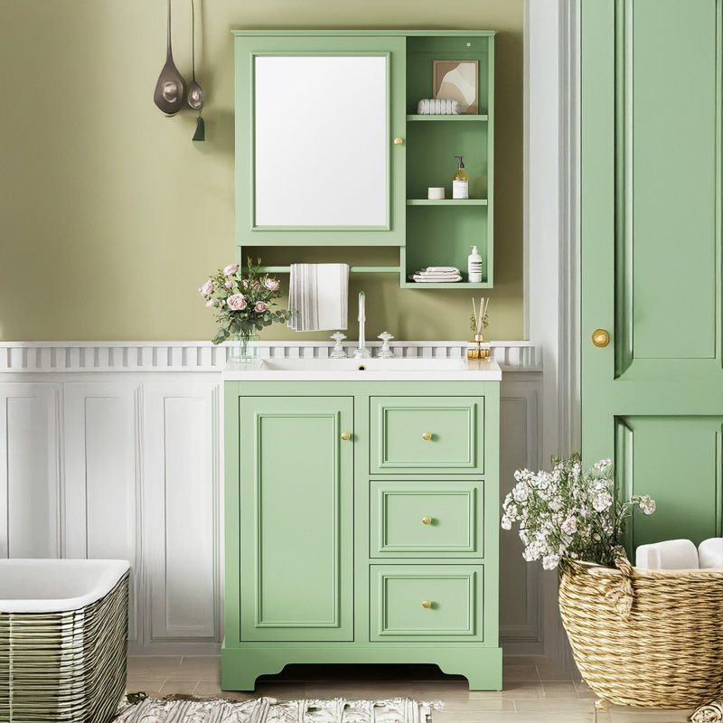 Meuble-lavabo avec lavabo, 3 tiroirs, tablettes réglables, Vert