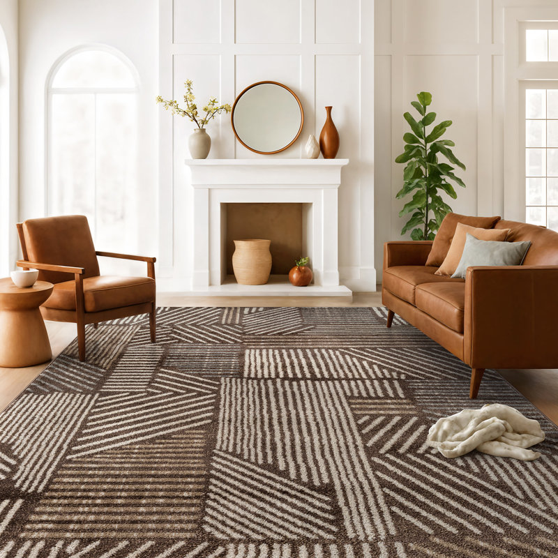 Rambo Geometric Black/Ivory Area Rug, Rectangle 5' x 7', Brown