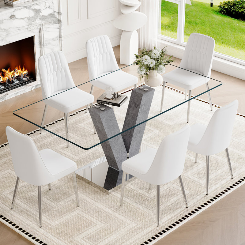 Glass Dining Table Set, 7, White/Silver