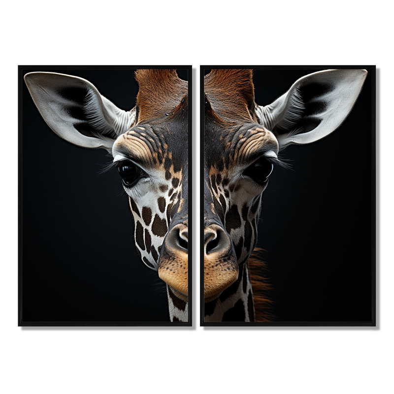 Portrait de girafe noir et blanc I - ensemble d'art mural moderne sur toile 2, 36" H x 48" W, Impression encadrée flottante