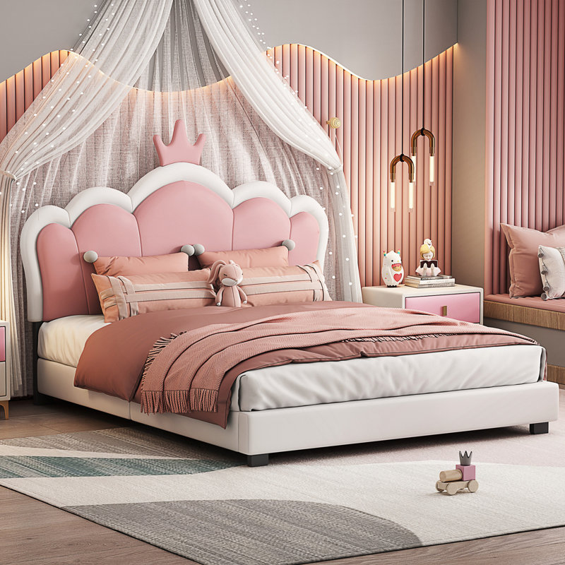 Lit princesse rembourré avec tête de lit couronne, lit plateforme avec tête de lit et pied de lit, Lit double, Crème, crème