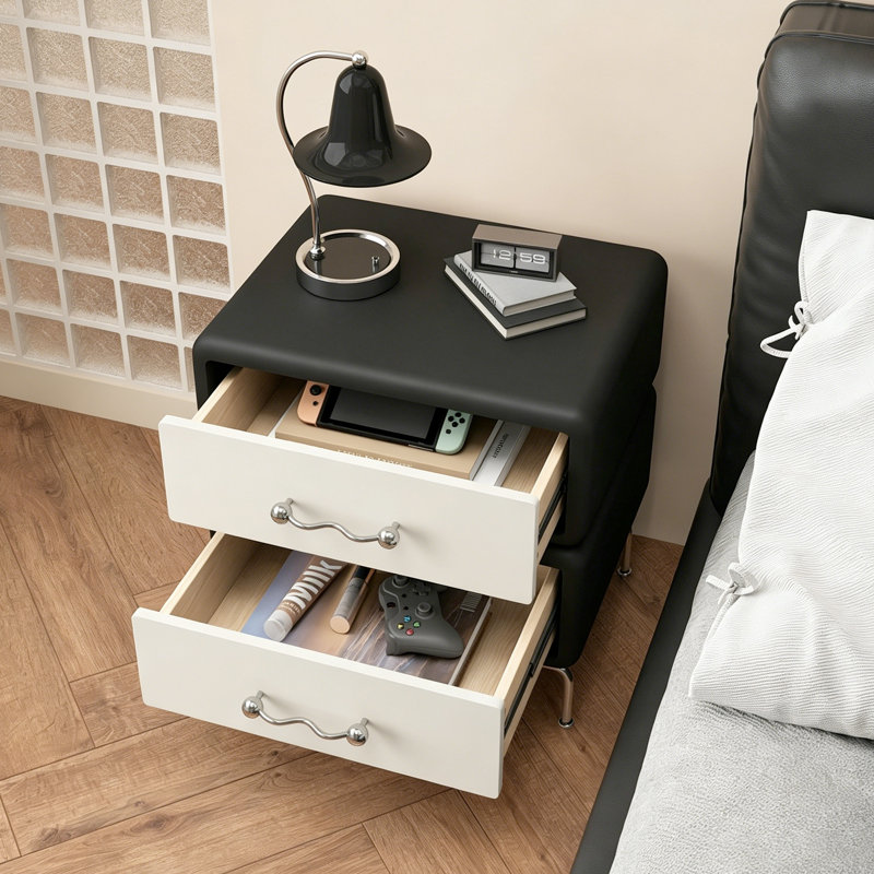 Table de chevet à deux tiroirs couleur noir et blanc H 22,83 po x l 19,69 po entièrement fabriquée en bois de pin massif avec revêtement en cuir