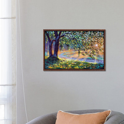 First Sun Rays In River. Big Trees And Warm Sunny Grass by Valery Rybakow - Painting on Canvas