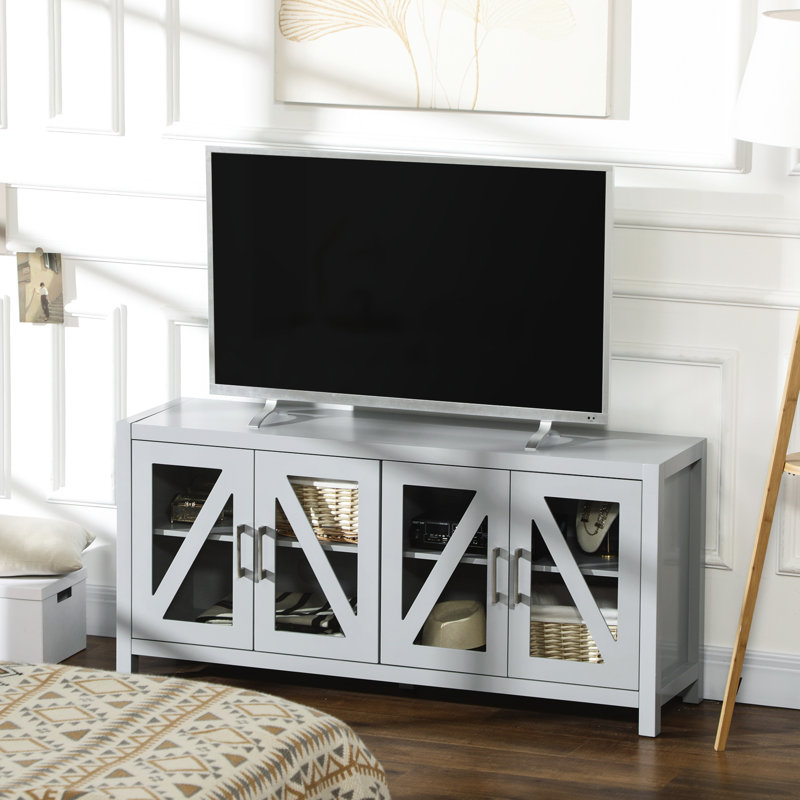 Meuble télé pour téléviseur de 58 po gris avec 4 portes en verre et une armoire de rangement réglable
