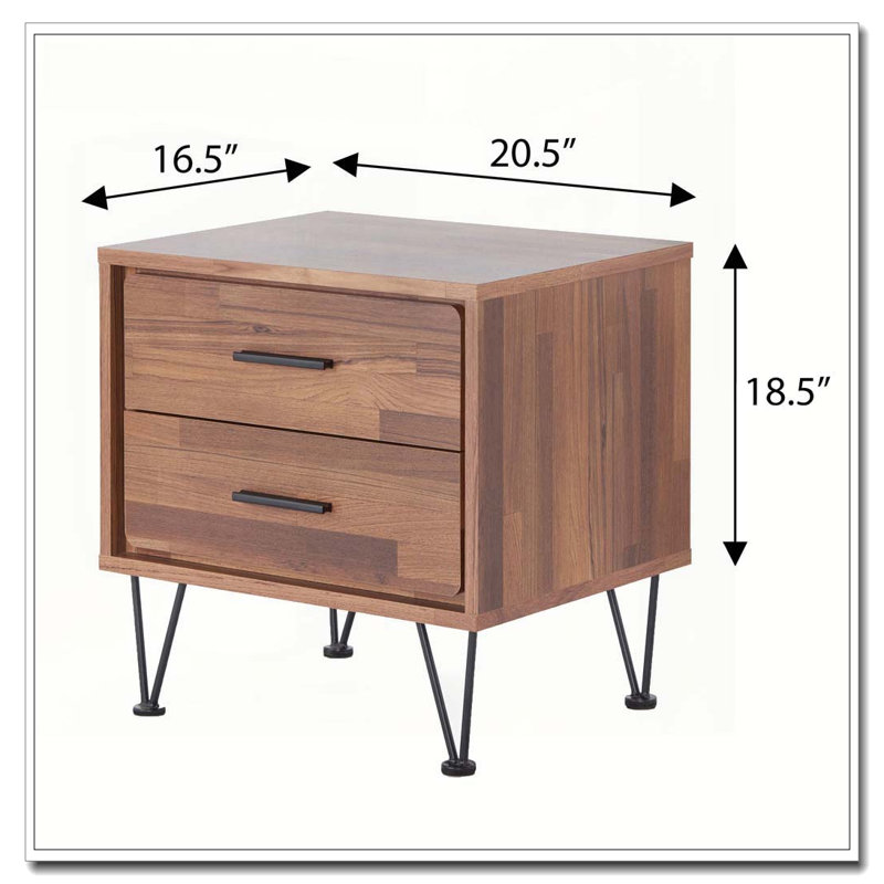 Table d'appoint 2 tiroirs en noyer avec pieds en épingle à cheveux, Noyer