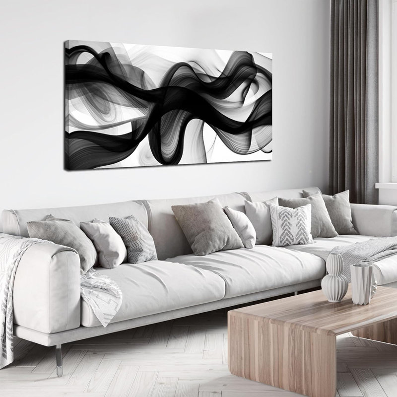 Grande œuvre d'art abstraite sur toile noire et blanche encadrée pour salon