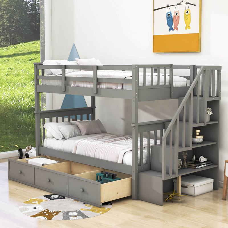 Dhyan Kids Twin Over Twin Bunk Bed with Drawers, Gray
