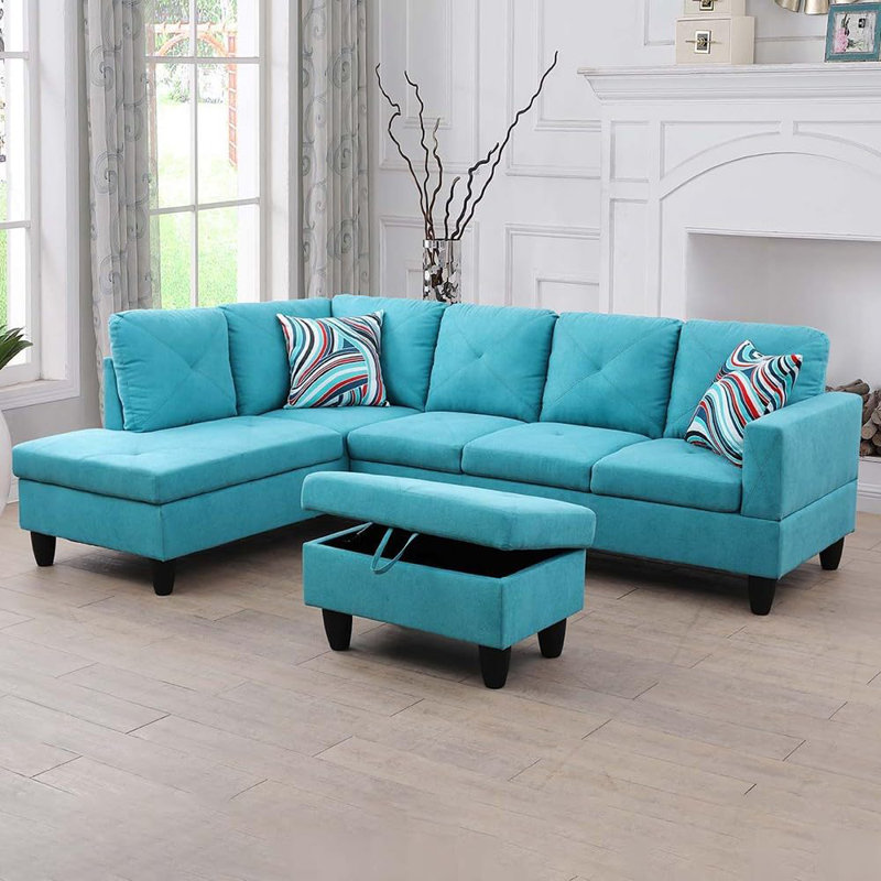 3-piece Linen Sectional Sofa, Left Hand Facing, Aqua Blue