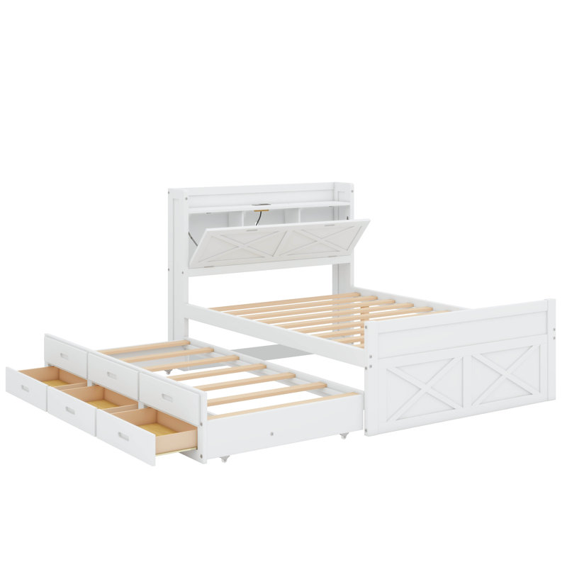 Lit en bois avec tête de lit avec prises électriques, Lit double, Blanc