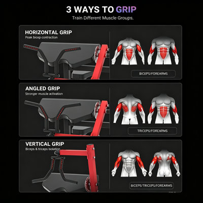 Banc de musculation pour biceps et biceps, appareil 2 en 1 réglable avec charge guidée, pour l'entraînement à domicile, noir et rouge.
