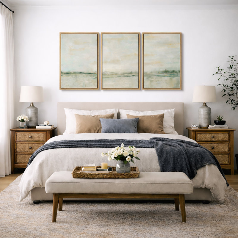 Minimal Landscape "Pastel Green & Yellow Artwork, Abstract Minimalist Illusion Living Room Wall Pictures, 3 Pieces Framed Canvas Giclee Print Wall Art" 16"x24"x3 pcs, 24"x36"x3 pcs