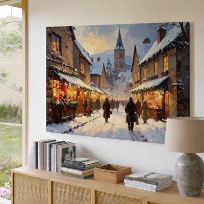 Twilight Village Christmas Snowy Street Scene With Warm Lights And Wall Art Canvas Ready To Hang Gallery Wrapped Home Decor Premium Quality