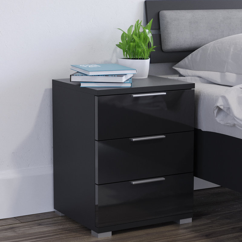 Machias 3 Drawer Bedside Table, High-Gloss Black