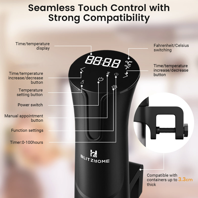 BLITZHOME 1100W Black Stainless Steel Sous Vide Cooker with LED Display