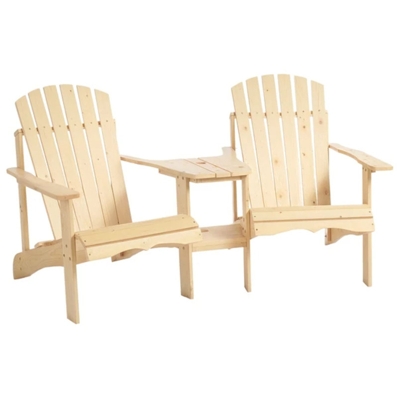 Banc Adirondack 2 places en bois de sapin avec table d'appoint centrale et trou pour parasol, siège pour foyer extérieur de patio