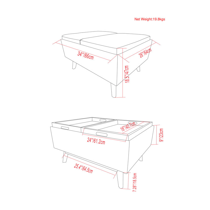 Owen 34"W Small Upholstered Coffee Table Storage Ottoman with Flip-Over Tray Top and Solid Wood Legs