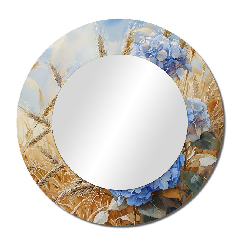 Countryside Hydrangeas In The Wheat Field I - Floral Accent Wall Mirror - Printed On Metal, 36" x 36"