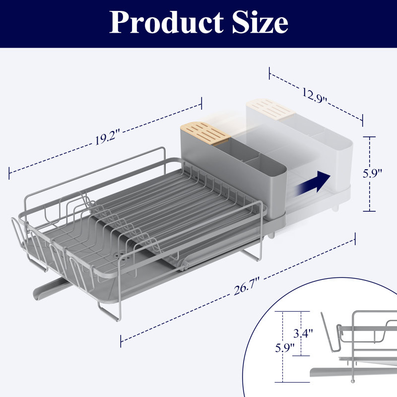 Extendable Dish Drying Rack, Large Drying Dish Rack with Cutlery & Cup Holders, Multifunctional Dish Racks for Counter with Drainage, 18.2"-25.7" L x 12.9" W, Grey
